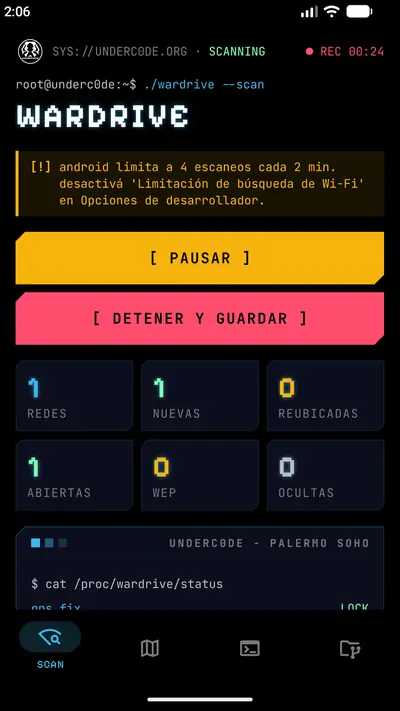 Pantalla de escaneo con una sesión en curso, botones de pausar y detener, y contadores