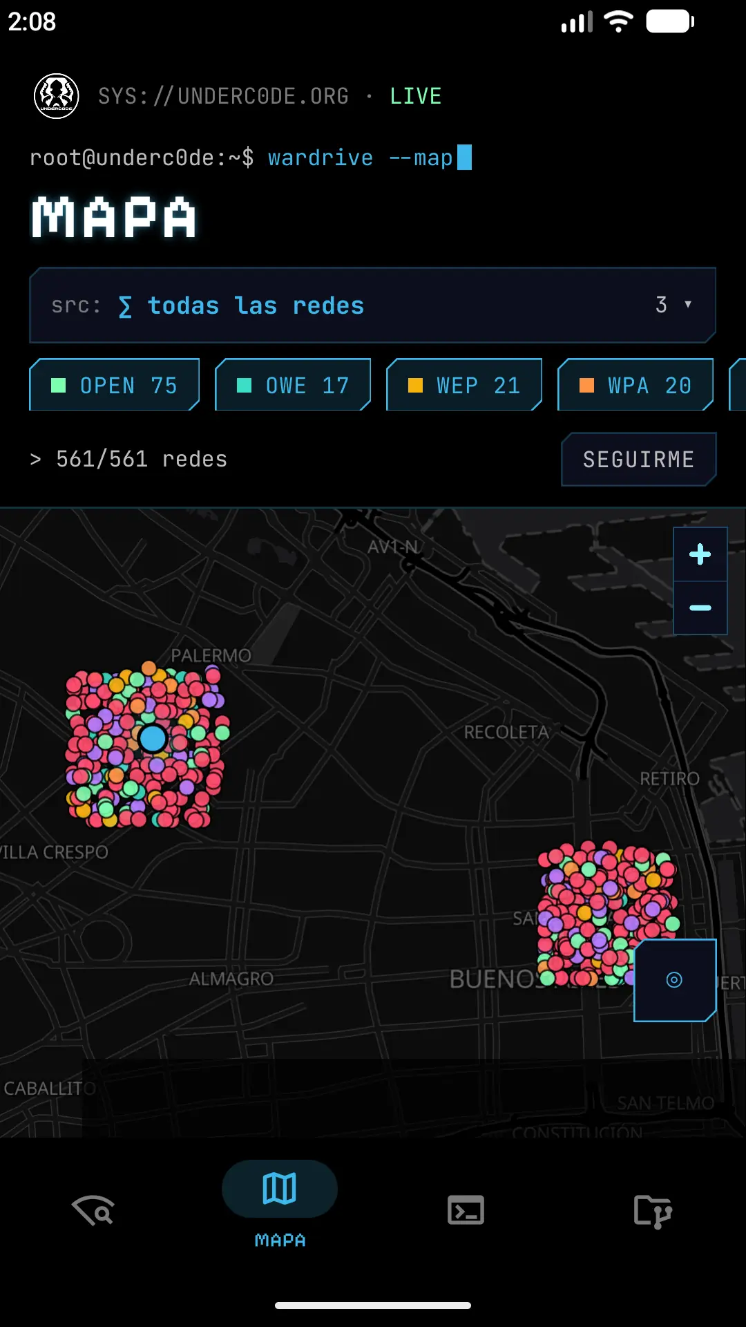 Mapa de Wardrive-UC con redes Wi-Fi coloreadas por tipo de seguridad