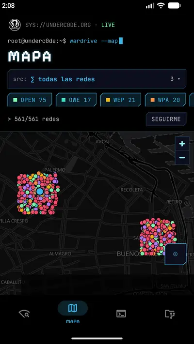 Mapa de Wardrive-UC con cientos de redes Wi-Fi coloreadas por tipo de seguridad