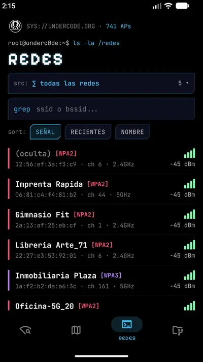 Lista de redes con seguridad, canal y señal