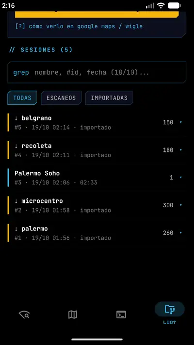 Lista de sesiones con buscador y filtros